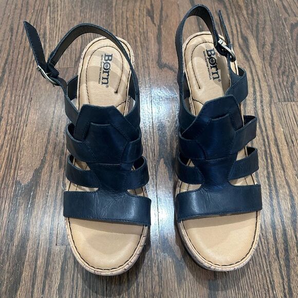 Born Womens Bernese Cage Black Leather Wedges Sandals Shoes SIZE 10 - Picture 2 of 6
